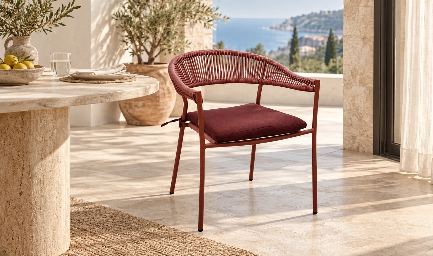Burgundy woven outdoor armchair with matching cushion beside a round stone dining table